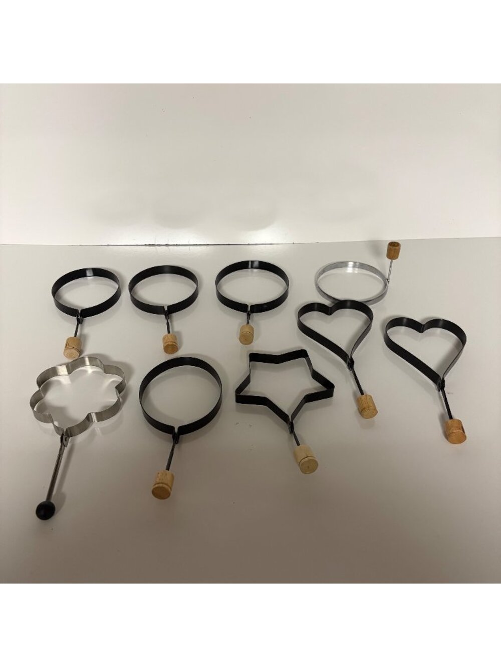 Metal Egg Rings Pancake Molds Wooden Handles Round Heart Star Flower Shapes 9 pc